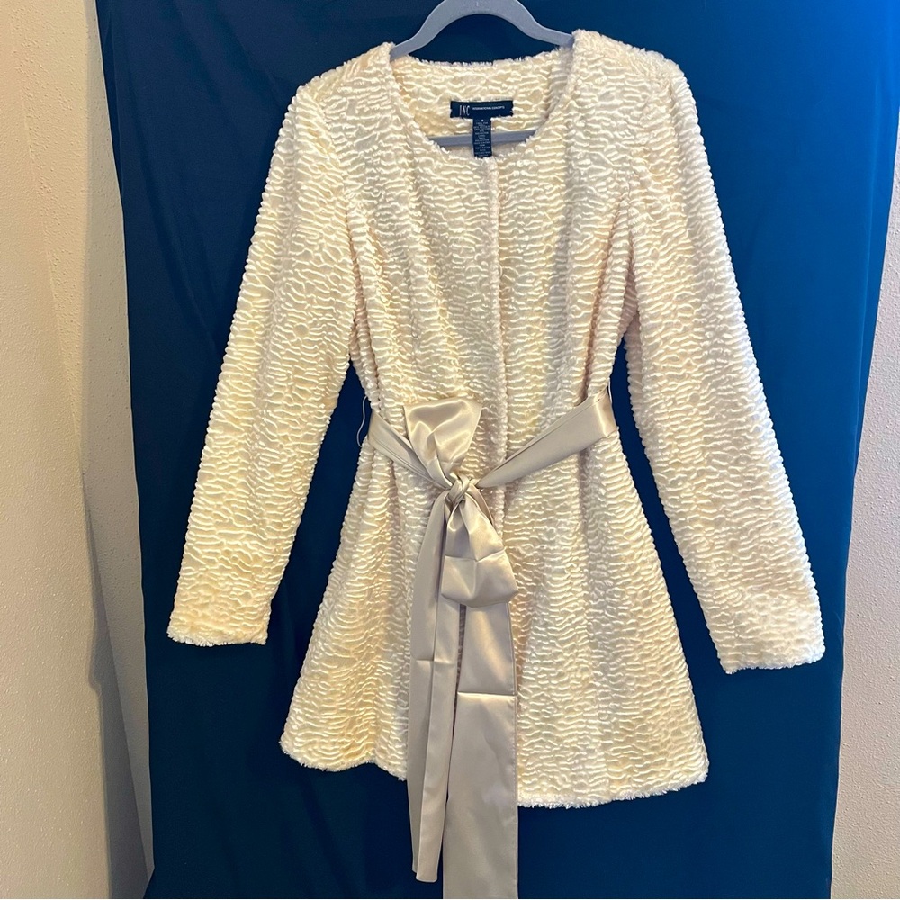 INC International Concepts Champagne Faux Fur Textured Coat w/ Satin Sash - Picture 2 of 13